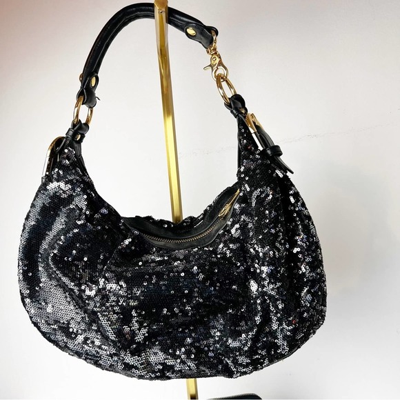 Badgley Mischka Black/Silver Sequin Hobo Bag Gold Hardware - Picture 4 of 9